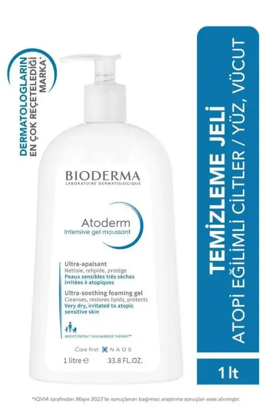 Bioderma Atoderm Intensive Yatıştırıcı Cilt Temizleyici Jel 1000 ml - Kuru, Hassas ve Atopik Ciltler için Hipoalerjenik, Nemlendirici Temizleyici Jel - 1