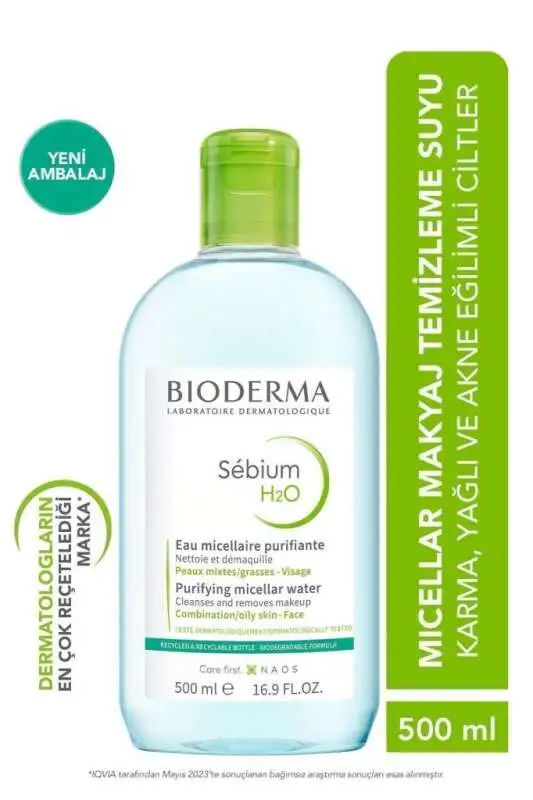 Bioderma Sebium H2O Yüz ve Makyaj Temizleme Suyu 500 ml - Yağlı ve Problemli Ciltler için Gözenek Arındırıcı, Hipoalerjenik Misel Su - 1