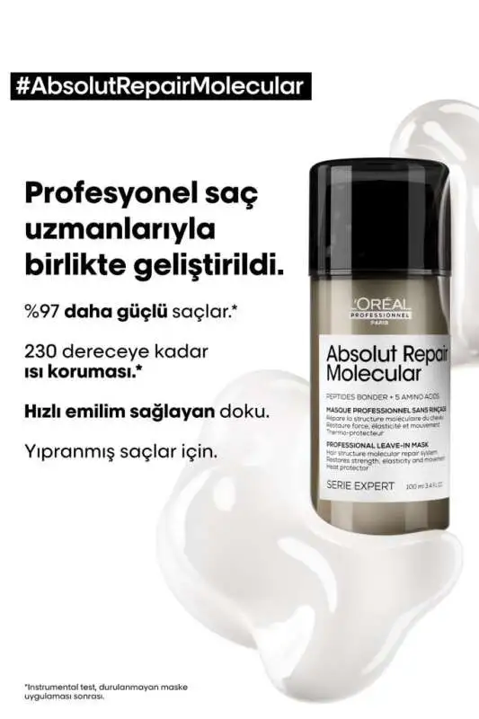 LOréal Professionnel Absolut Repair Molecular Yıpranmış Saçlar İçin Onarıcı Maske 100ml - Moleküler Teknoloji & Anında Etki - 2