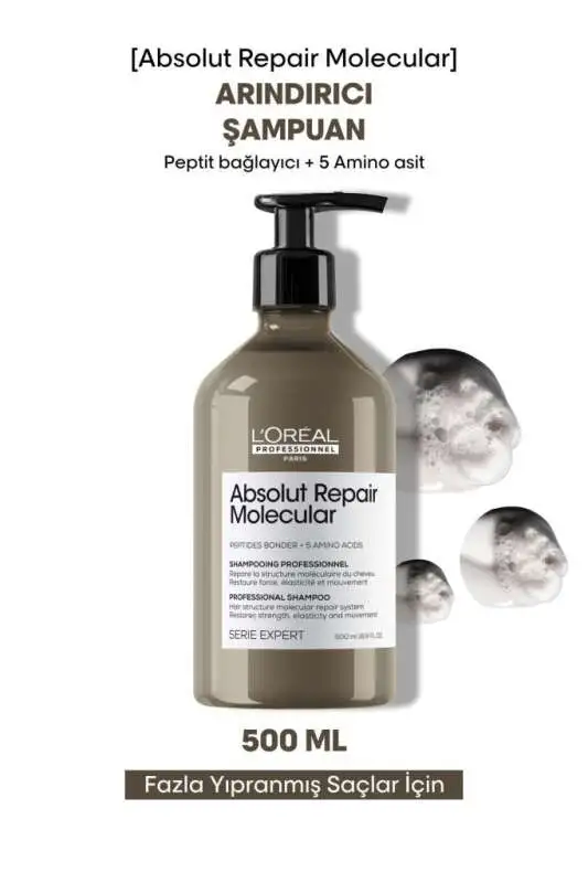 L’Oréal Professionnel Absolut Repair Molecular Yıpranmış Saçlar İçin Onarıcı Şampuan 500ml - Moleküler Onarım & Uzun Süreli Nem - 1