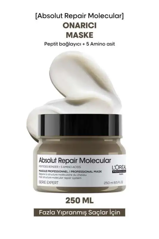 LOréal Professionnel Absolut Repair Molecular Yoğun Onarıcı Maske - Yıpranmış Saçlar İçin Moleküler Teknoloji & 72 Saat Nem 250ml - 1