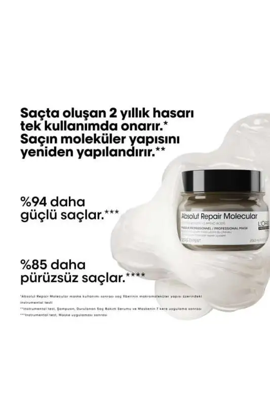 LOréal Professionnel Absolut Repair Molecular Yoğun Onarıcı Maske - Yıpranmış Saçlar İçin Moleküler Teknoloji & 72 Saat Nem 250ml - 2
