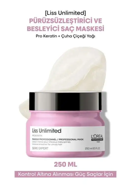 LOréal Professionnel Liss Unlimited Asi ve Dalgalı Saçlar İçin Yoğun Düzleştirici Maske - Kalıcı Pürüzsüzlük ve Isı Koruması 250 Ml - 1