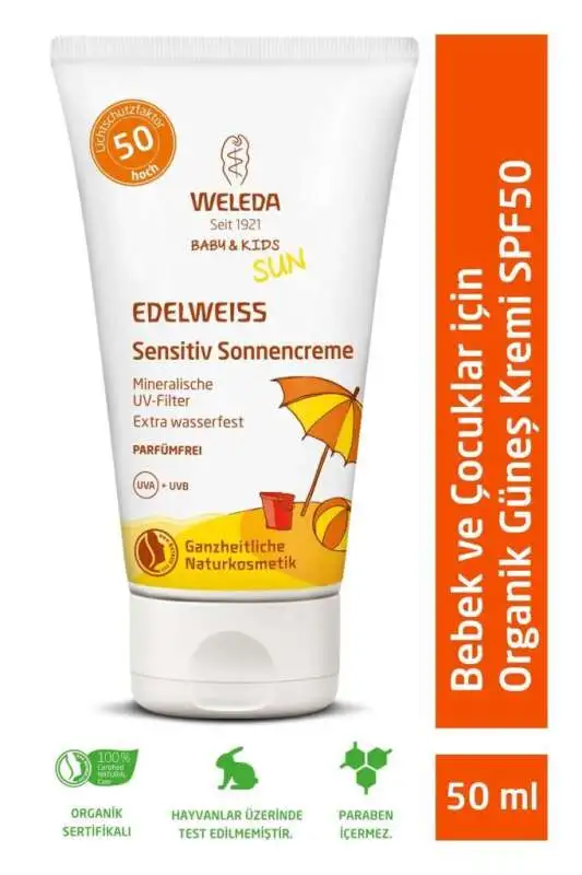 Weleda Baby & Kids Edelweiss Organik Güneş Koruyucu Krem SPF 50 50 ml | Bebek ve Çocuklar İçin Hassas Cilt Koruması - 1